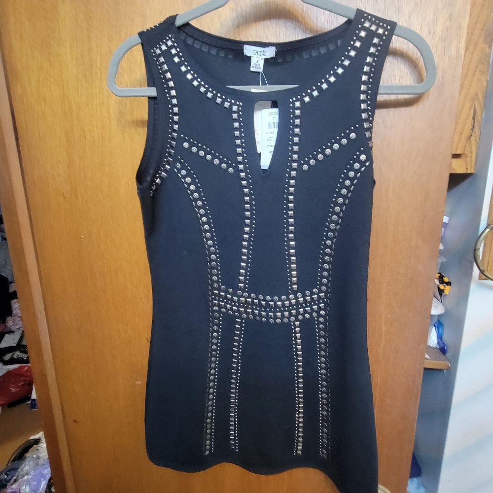 NWT Cache Sleeveless Bodycon Mini Dress with Round Neckline and Silver Studs